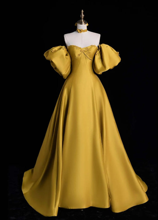 Glam Sweetheart A-Line Long Prom Dresses Satin Yellow Evening Dresses DP3342