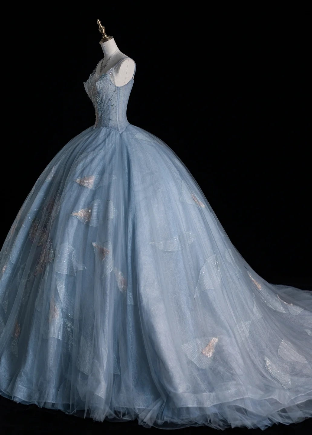 Gorgeous Spaghetti Strap A-Line Long Prom Dresses Tulle Sequined Gray Blue Evening Dresses DP3343