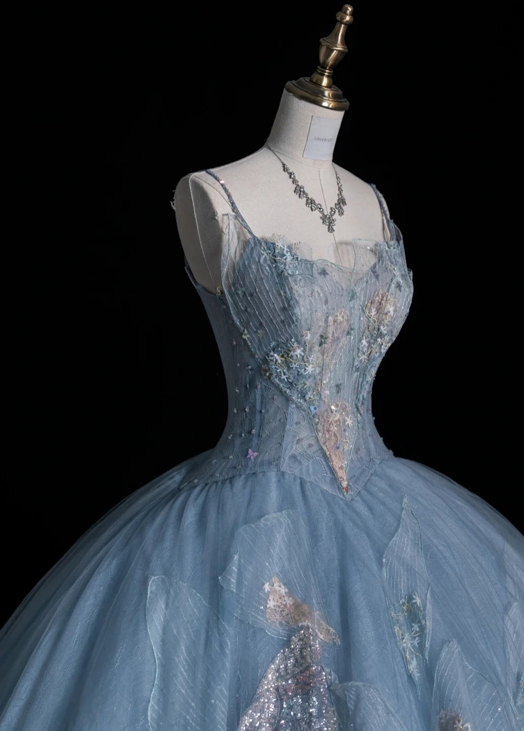 Gorgeous Spaghetti Strap A-Line Long Prom Dresses Tulle Sequined Gray Blue Evening Dresses DP3343
