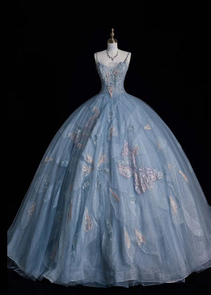Gorgeous Spaghetti Strap A-Line Long Prom Dresses Tulle Sequined Gray Blue Evening Dresses DP3343