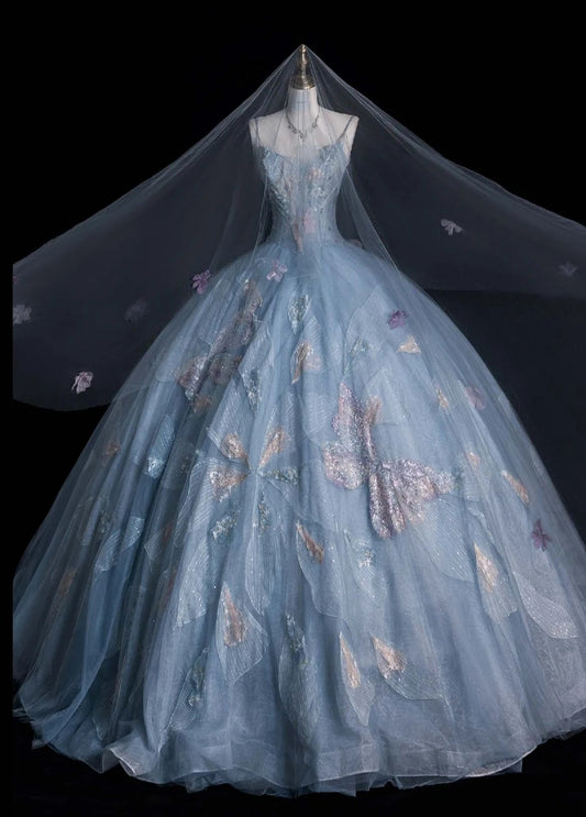 Gorgeous Spaghetti Strap A-Line Long Prom Dresses Tulle Sequined Gray Blue Evening Dresses DP3343