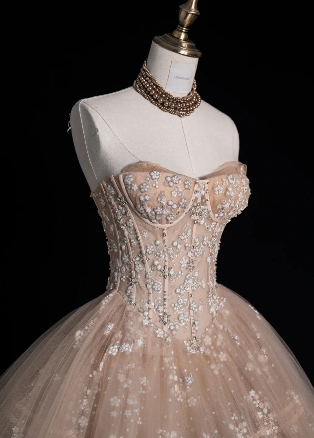 Gorgeous Strapless Ball Gown Applique Long Prom Dresses Tulle Blush Pink Sweet 16 Dresses DP3344