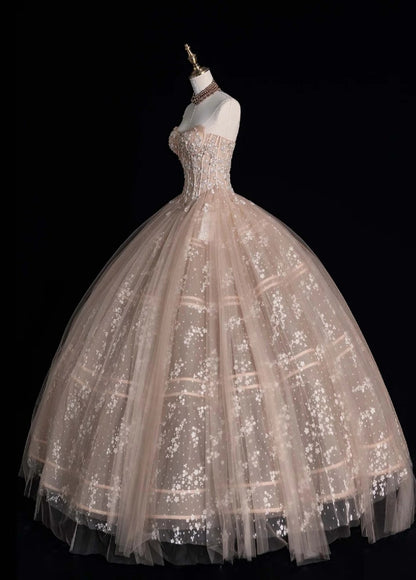 Gorgeous Strapless Ball Gown Applique Long Prom Dresses Tulle Blush Pink Sweet 16 Dresses DP3344