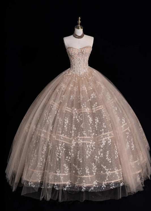 Gorgeous Strapless Ball Gown Applique Long Prom Dresses Tulle Blush Pink Sweet 16 Dresses DP3344