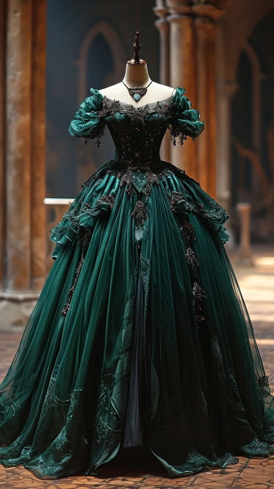 Vintage V-neck Ball Gown Beaded Long Prom Dresses Tulle Dark Green Evening Dresses DP3345