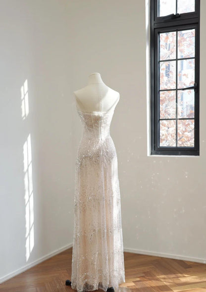 Simple Strapless Sheath Wedding Dresses Sequined Tulle White Bridal Gowns DP3352