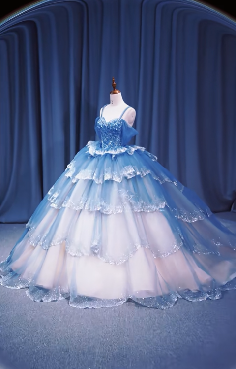 Gorgeous Off-the-Shoulder Ball Gown Tulle Long Prom Dresses Blue Quinceanera Dresses Sweet 16 Dresses DP3361