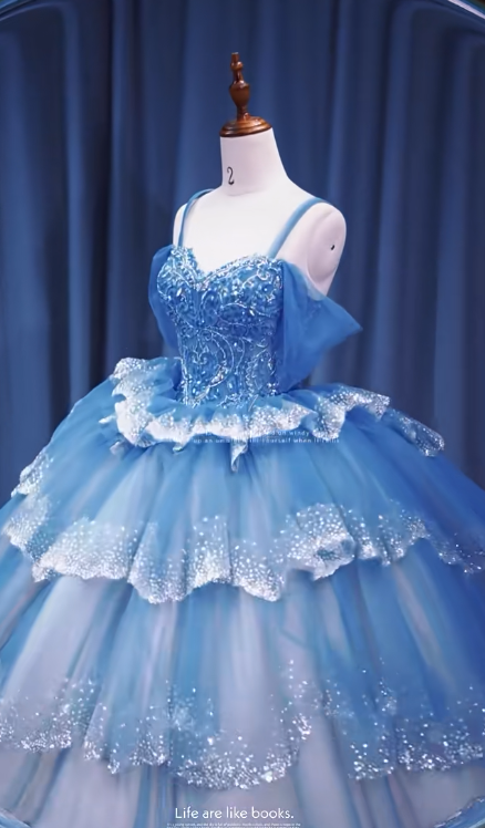 Gorgeous Off-the-Shoulder Ball Gown Tulle Long Prom Dresses Blue Quinceanera Dresses Sweet 16 Dresses DP3361