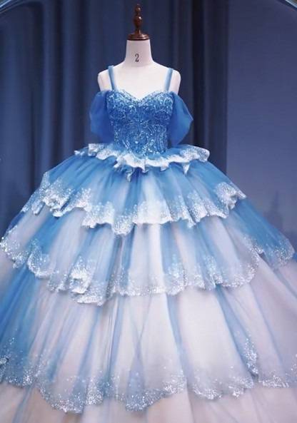 Gorgeous Off-the-Shoulder Ball Gown Tulle Long Prom Dresses Blue Quinceanera Dresses Sweet 16 Dresses DP3361