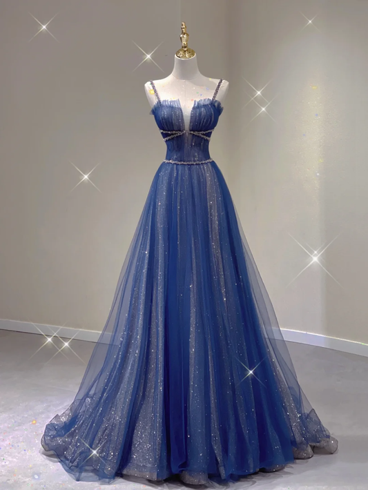 Pretty A Line Spaghetti Straps Blue Navy Blue Sleeveless Long Prom Dresses Evening Dresses DP340