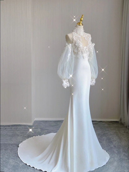 Classy Elegant Mermaid High Neckline Long Sleeves Lace Satin Wedding Dresses Brides Dress DP345