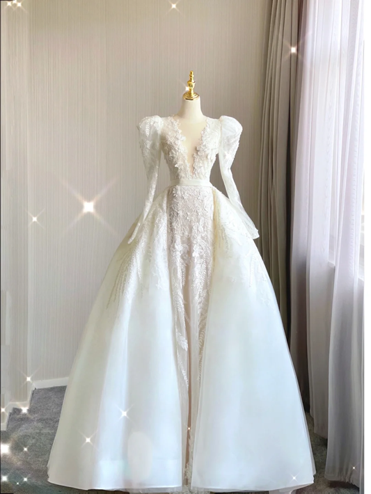 Luxury Sheath V Neckline Long Sleeves Satin Lace White Wedding Dresses Brides Dress DP355