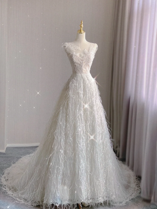 Luxury Ball Gown Scoop Neckline Long White Lace Wedding Dresses Bride Dress DP358