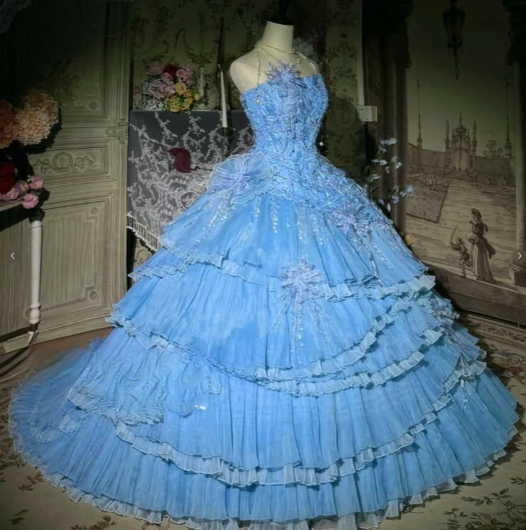 Gorgeous Strapless Ball Gown Chiffon Long Prom Dresses Blue Quinceanera Dresses Sweet 16 Dresses DP3362
