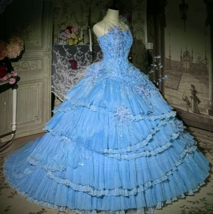 Gorgeous Strapless Ball Gown Chiffon Long Prom Dresses Blue Quinceanera Dresses Sweet 16 Dresses DP3362