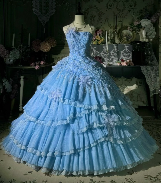 Gorgeous Strapless Ball Gown Chiffon Long Prom Dresses Blue Quinceanera Dresses Sweet 16 Dresses DP3362