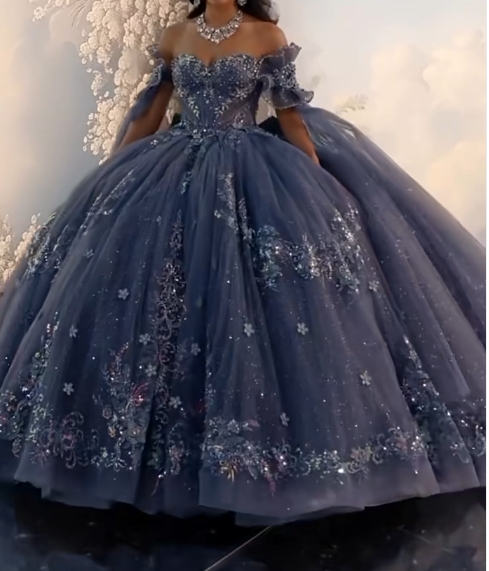 Gorgeous Off-the-Shoulder Ball Gown Tulle Long Prom Dresses Beaded Applique Navy Blue Quinceanera Dresses Sweet 16 Dresses DP3363