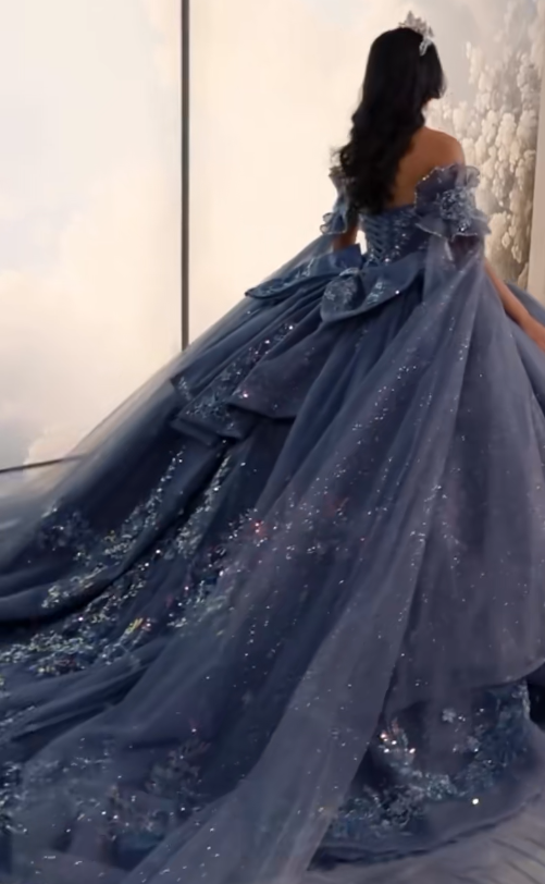 Gorgeous Off-the-Shoulder Ball Gown Tulle Long Prom Dresses Beaded Applique Navy Blue Quinceanera Dresses Sweet 16 Dresses DP3363