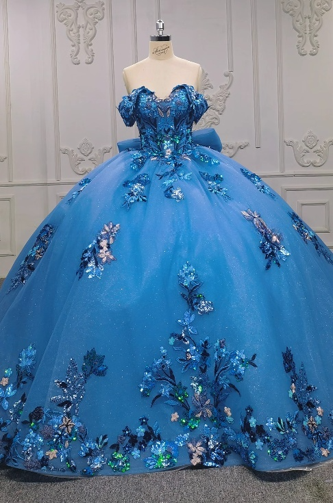 Gorgeous Off-the-Shoulder Ball Gown Tulle Long Prom Dresses Applique Blue Quinceanera Dresses Sweet 16 Dresses DP3364