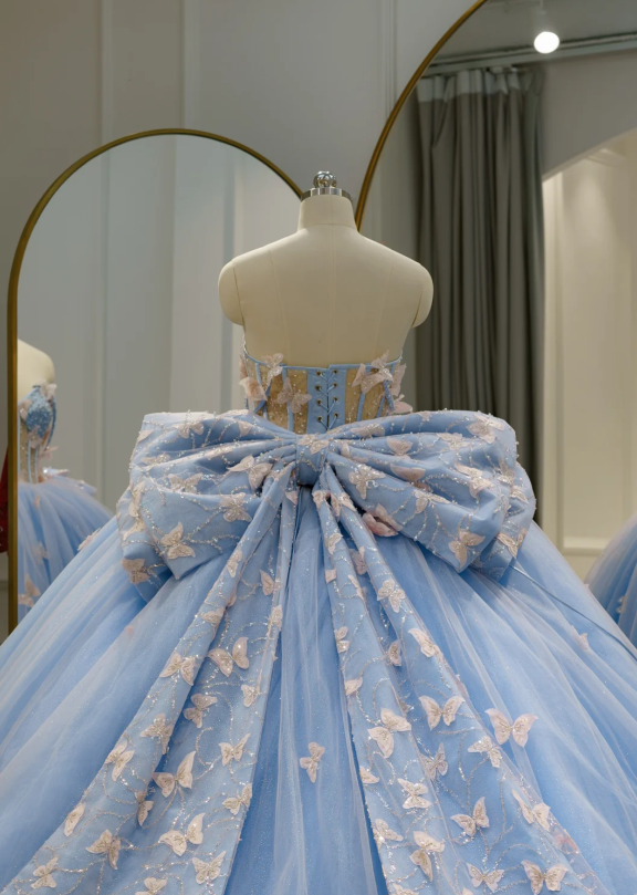 Cute Off-the-shoulder Ball Gown Tulle Long Prom Dresses Applique Blue Quinceanera Dresses Sweet 16 Dresses DP3365