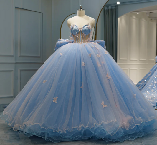 Cute Off-the-shoulder Ball Gown Tulle Long Prom Dresses Applique Blue Quinceanera Dresses Sweet 16 Dresses DP3365