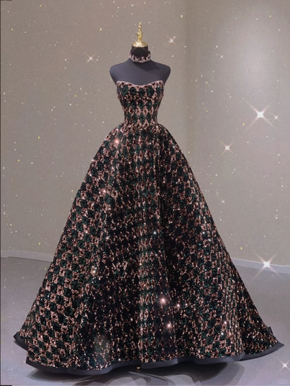 Pretty Ball Gown Sweetheart Black Sequin Long Prom Dresses Graduation Dress High School Classy Evening Dresses DP367