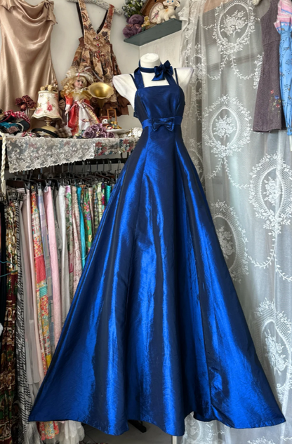 Chic Halter A-Line Long Prom Dresses Satin Blue Evening Dresses DP3376