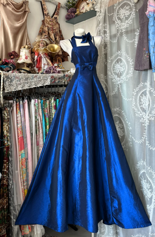Chic Halter A-Line Long Prom Dresses Satin Blue Evening Dresses DP3376