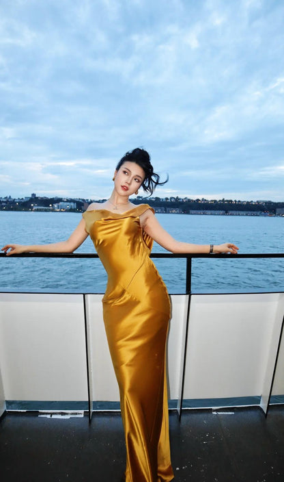 Chic V-neck Sheath Long Prom Dresses Satin Yellow Evening Dresses DP3678