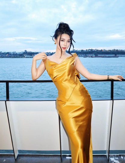 Chic V-neck Sheath Long Prom Dresses Satin Yellow Evening Dresses DP3678