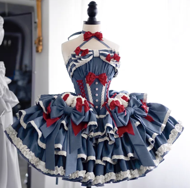 Cute Halter Neck Ball Gown Bow Tiered Birthday Dresses Tiered Satin Blue Lolita Dresses DP3679