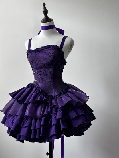 Cute Spaghetti Strap Ball Gown Tiered Chiffon Birthday Dresses Purple Lolita Dresses DP3680