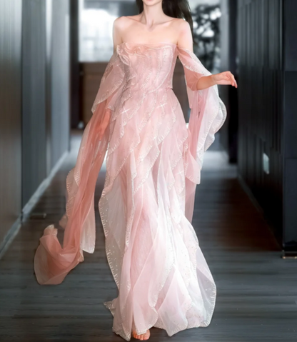 Sweet Strapless Sheath Long Prom Dresses Tulle Pink Evening Dresses DP3694