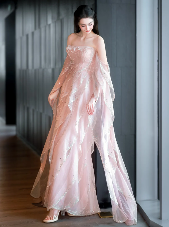 Sweet Strapless Sheath Long Prom Dresses Tulle Pink Evening Dresses DP3694