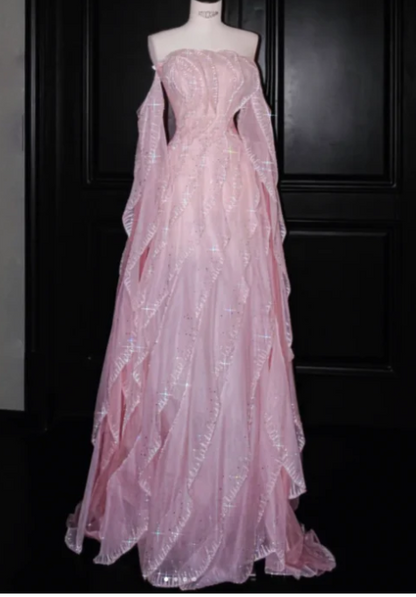 Sweet Strapless Sheath Long Prom Dresses Tulle Pink Evening Dresses DP3694