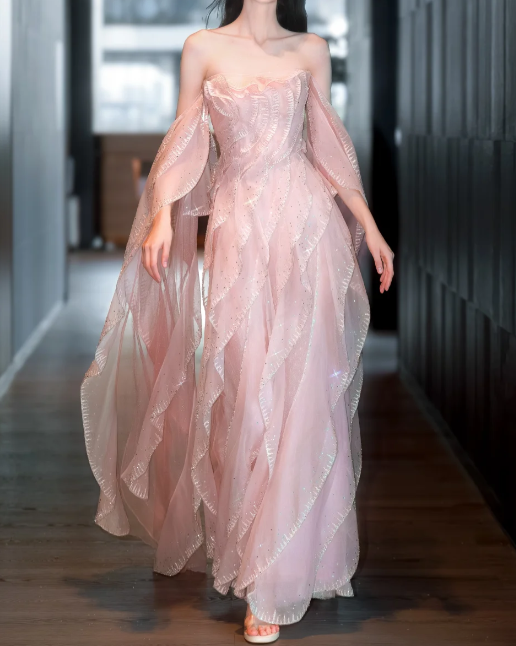 Sweet Strapless Sheath Long Prom Dresses Tulle Pink Evening Dresses DP3694