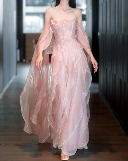 Sweet Strapless Sheath Long Prom Dresses Tulle Pink Evening Dresses DP3694