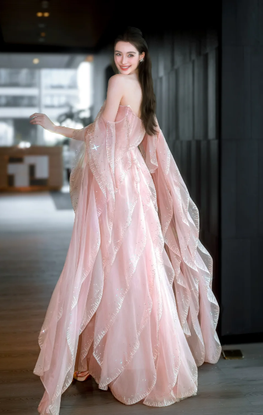 Sweet Strapless Sheath Long Prom Dresses Tulle Pink Evening Dresses DP3694