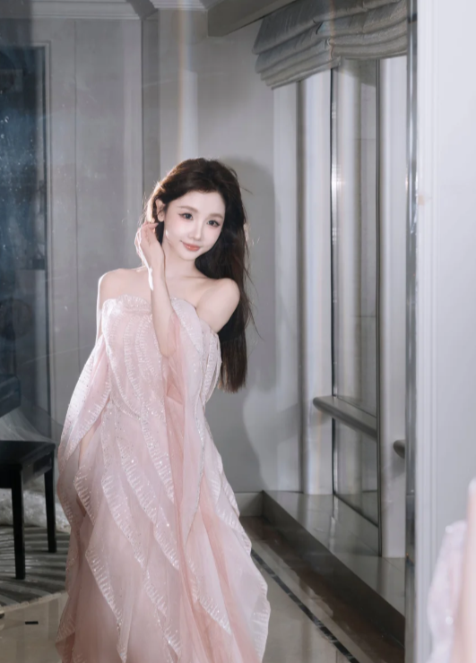 Sweet Strapless Sheath Long Prom Dresses Tulle Pink Evening Dresses DP3694