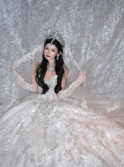 Luxury Sweetheart Neck Ball Gown Beaded Long Wedding Dresses Tulle White Bridal Dresses Sleeveless Bridal Gowns DP3697