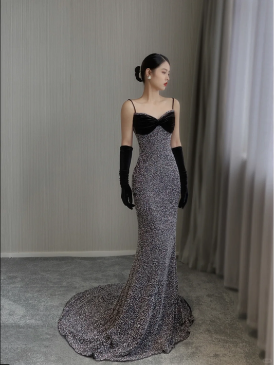 Pretty Mermaid Spaghetti Straps Sequin Sleeveless Long Prom Dresses High School Evening Dresses DP369