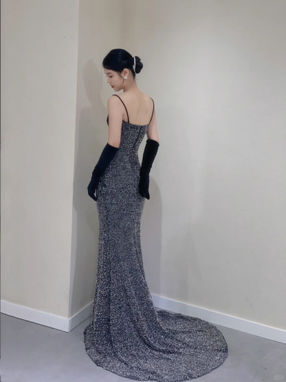 Pretty Mermaid Spaghetti Straps Sequin Sleeveless Long Prom Dresses High School Evening Dresses DP369