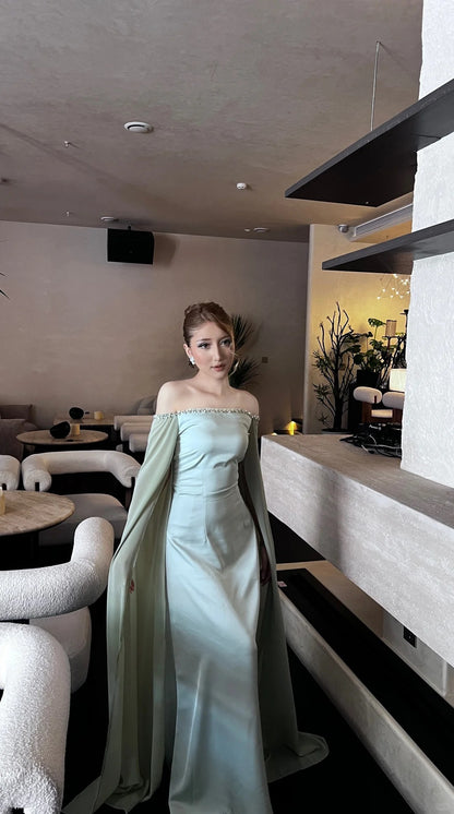 Elegant Off-the-shoulder Sheath Green Mother of the Bride Dress Satin Chiffon Green Evening Dress DP3707