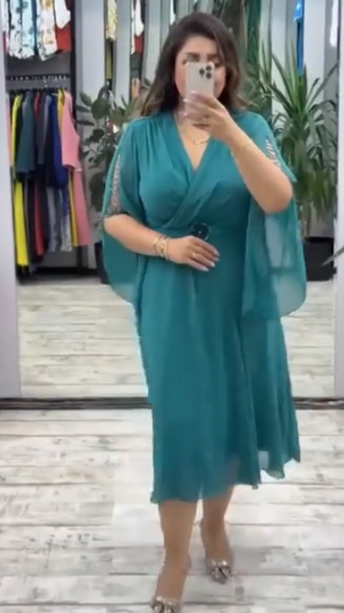 Glam V Neck Sheath Wedding Guest Dresses Chiffon Teal Mother of the Bride Dresses DP3715