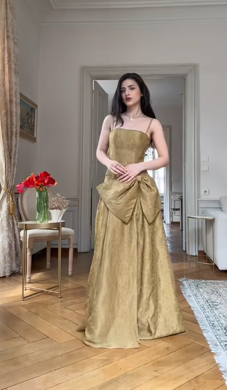 Elegant Spaghetti Strap Sheath Long Prom Dresses Jacquard Satin Yellow Evening Dresses DP3718