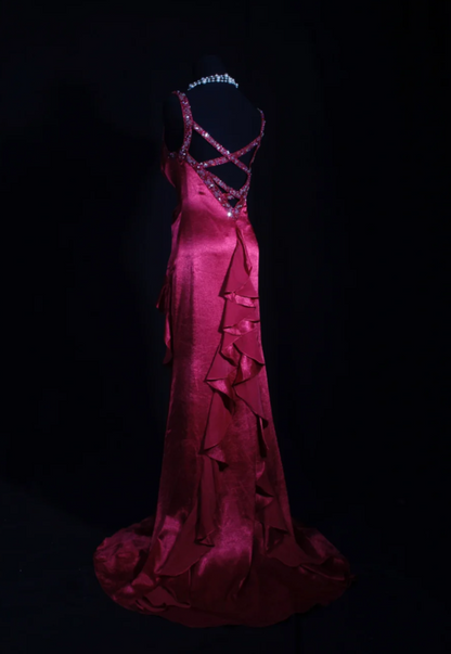 Vintage V-neck Sheath Long Prom Dresses Satin Hot Pink Evening Dresses DP3720