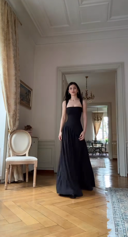 Chic Strap Sheath Long Prom Dresses Chiffon Black Evening Dresses Sleeveless Formal Dresses DP3722