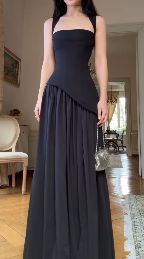 Chic Strap Sheath Long Prom Dresses Chiffon Black Evening Dresses Sleeveless Formal Dresses DP3722