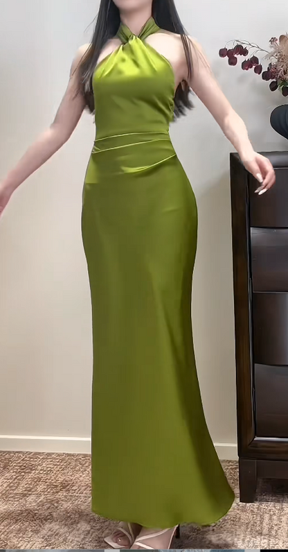 Chic Halter Sheath Long Prom Dresses Satin Olive Green Evening Dresses Sleeveless Formal Dresses DP3725