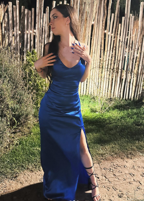 Chic Spaghetti Strap Sheath Long Prom Dresses Satin Navy Blue Evening Dresses with Slits DP3726